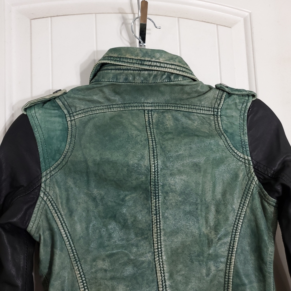 Doma Green Black Distressed Leather Moto Jacket S - Picture 10 of 12